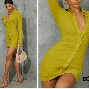 Pretty little thing chartreuse brushed rib long sleeve ruched shirt dress - 2